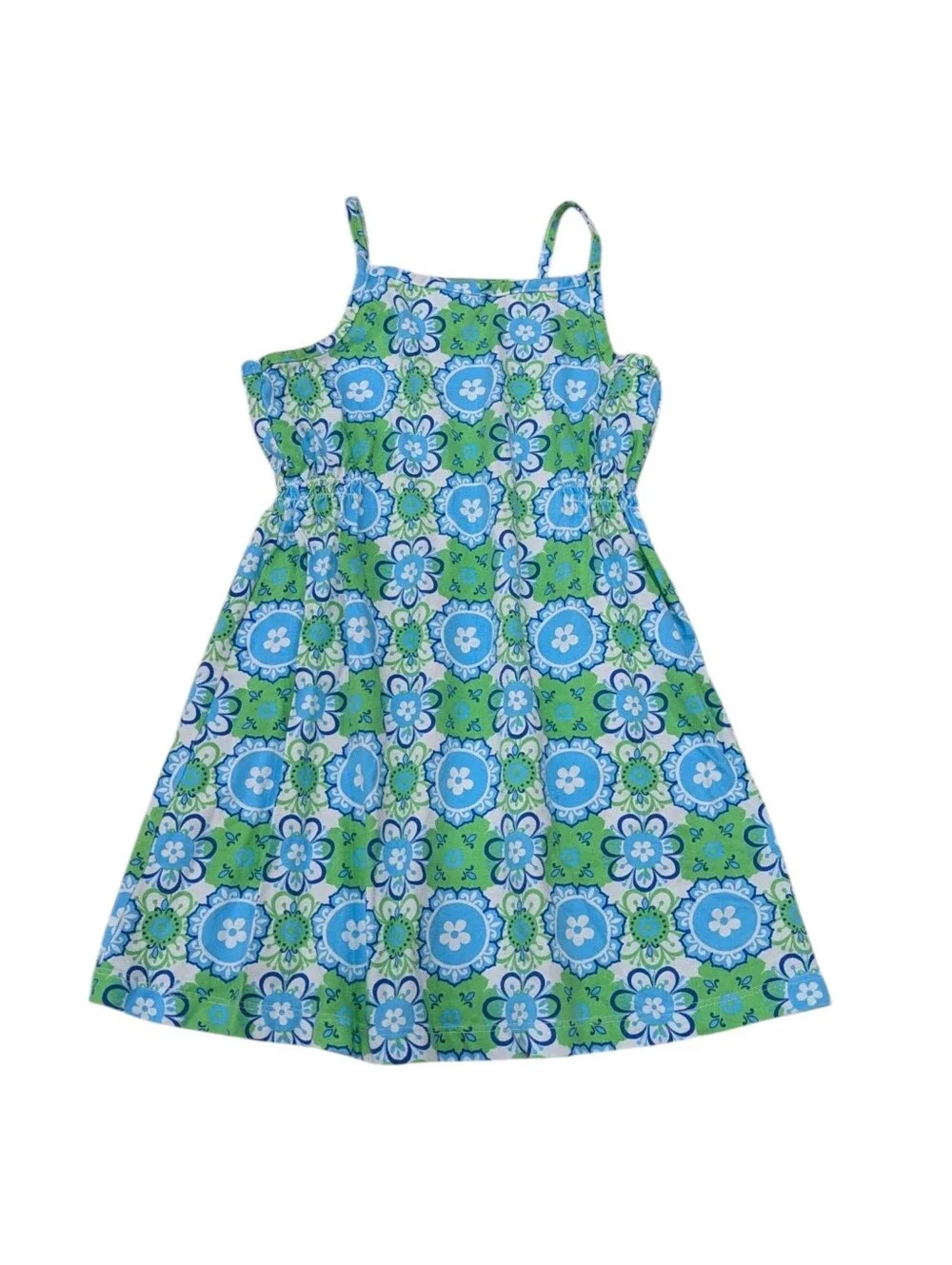 Hanna Andersson Kids Sundress Cotton White Blue Green Geometric Girls 110 5 5T